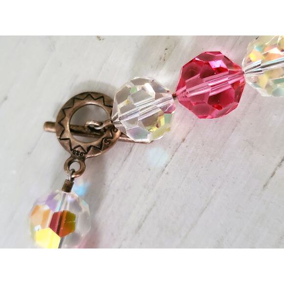 Vintage Geometric Faceted Rose Pink  & Clear Glass Bead Necklace w/ Toggle Clasp - Picture 3 of 5